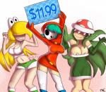 breasts cleavage clothed clothing dancing female green_hair group hair hood legwear mask midriff not_furry plant sign simple_background smile zelc-face mario_bros nintendo koopagirl elemental_creature flora_fauna humanoid koopa piranha_plant scalie shyguy featureless_(disambiguation)