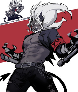 abs armband beard belt clothed clothing crossgender dual_persona facial_hair female ftm_crossgender glowing glowing_eyes hair horn looking_at_viewer male muscular muscular_humanoid muscular_male nipples not_furry pecs simple_background solo spade_tail tail torn_clothing white_hair dopq helltaker judgement_(helltaker) demon humanoid hi_res