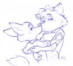 ambiguous_gender anthro blush cheek_tuft clothed clothing duo facial_tuft half-closed_eyes hug kissing looking_at_viewer male male/ambiguous narrowed_eyes simple_background tuft white_background alec8ter conditional_dnp disney zootopia gideon_grey nick_wilde canid canine fox mammal red_fox true_fox 2017 blue_and_white monochrome purple_and_white signature male_(lore)