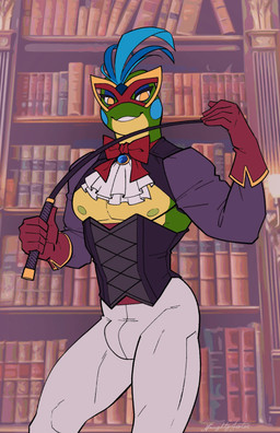 anthro bookshelf bottomwear bow_tie breasts bulge clothing corset exposed_breasts femboy furniture gloves handwear lingerie male mask masquerade_mask pants riding_crop smile smiling_at_viewer solo topwear whip white_bottomwear white_clothing white_pants yellow_eyes naughtyjester amphibian frog 2026 alternate_version_at_source flat_colors hi_res signature