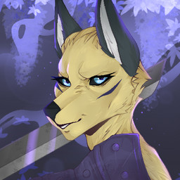 anthro armor black_ears black_nose black_sclera blue_eyes cheek_tuft eyelashes facial_tuft female fur glistening glistening_eyes head_tuft inner_ear_fluff looking_at_viewer melee_weapon narrowed_eyes simple_background solo sword tuft unsigned weapon white_inner_ear_fluff yellow_body yellow_fur smogville canid mammal 1:1 bust_portrait hi_res icon portrait
