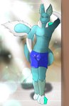 3_toes anthro arm_support blue_body blue_bottomwear blue_clothing blue_shorts bottomwear bulge clothing feet fur leaning_on_elbow leaning_on_wall looking_at_viewer male neck_tuft shorts simple_background smile smiling_at_viewer smirk smirking_at_viewer solo standing tail tail_tuft toes tuft white_body white_fur kaikolou frost_jeckals_(huf13) fenril_(spicy_flakes) absurd_res digital_media_(artwork) hi_res