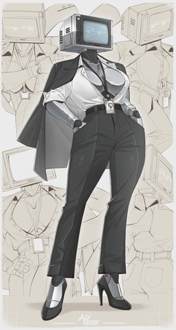 5_fingers big_breasts biped bottomwear breasts clothed clothing collared_shirt dress_shirt female fingers footwear for_a_head grey_body hand_in_pocket high_heels machine office_clothing pants pockets pose screen screen_face shirt shoes solo standing text topwear auveiss melissa_graceford_(auveiss) humanoid object_head robot screen_head 2026 absurd_res artist_name english_text hi_res