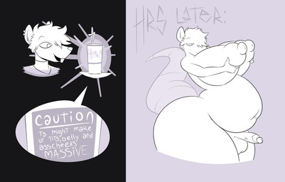 anthro balls before_and_after belly beverage big_balls big_breasts big_butt breasts butt ear_piercing freckles genitals gynomorph huge_breasts huge_butt hyper intersex navel penis piercing smile solo speech_bubble text vein veiny_penis wide_hipped_gynomorph shukk gary_foy_(shukk) mammal murid murine rat rodent absurd_res comic hi_res monochrome