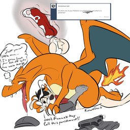 anal anal_knotting anal_penetration animal_genitalia animal_penis anthro anthro_on_feral anthro_penetrating anthro_penetrating_feral balls belt bestiality biped bodily_fluids bottomless bottomwear canine_genitalia canine_penis clothed clothing clothing_on_floor cum cum_in_ass cum_inside cum_on_balls cum_on_face cum_on_muzzle dialogue discarded_clothing dominant drooling duo feral feral_penetrated fire flat_cap from_front_position fur genital_fluids genitals hat headgear headwear internal knot knotting larger_dom larger_feral larger_male larger_penetrated looking_pleasured lying male male/male male_penetrated male_penetrating male_penetrating_male membrane_(anatomy) membranous_wings missionary_position on_back open_mouth open_smile orange_body orange_scales orgasm_face penetration penis power_bottom profanity red_eyes saliva scales sex shorts simple_background size_difference smaller_anthro smaller_male smile tail teeth text thought_bubble tongue tongue_out white_background white_body white_fur wings renardfoxx nintendo pokemon canid canine charizard generation_1_pokemon mammal pokemon_(species) 1:1 2018 english_text hi_res