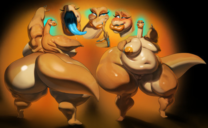 anthro balls big_breasts big_butt big_tail breasts butt calf_muscles eyelashes genitals gynomorph hairless huge_breasts huge_butt huge_thighs hyper hyper_butt hyper_thighs intersex lips nipples nude orange_body tail tall thick_lips thick_thighs wide_hips justmegabenewell toffee_(nittoh) brontosaurus dinosaur diplodocid diplodocoid prehistoric_species reptile saurischian sauropod sauropodomorph scalie hi_res model_sheet