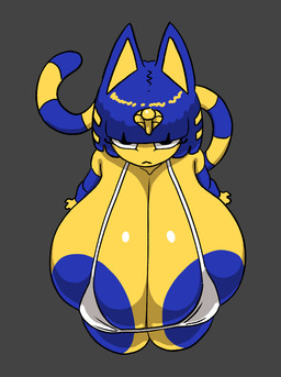 anthro areola areola_slip big_areola big_breasts bikini bikini_top black_eyes blue_areola blue_hair blue_nipples breasts bulging_breasts clothed clothed_anthro clothed_female clothing female female_anthro hair high-angle_view huge_areola huge_breasts hyper hyper_breasts looking_at_viewer markings nipples solo striped_markings striped_tail stripes swimwear tail tail_markings two-piece_swimsuit yellow_body nsfwoaf animal_crossing nintendo ankha_(animal_crossing) domestic_cat felid feline felis mammal digital_media_(artwork) hi_res