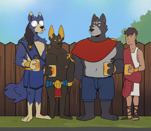 3_toes 5_toes anthro armlet barefoot beverage_can black_body black_fur black_nose blue_body blue_fur bottomwear bracelet brooch cape cigarette clothed clothing eyewear featureless_feet feet fence footwear fur glasses grass grey_body grey_fur group hair jewelry loincloth long_hair male parody paws plant plantigrade robe sandals shirtless_anthro shirtless_male shoes toes topless haps adastra adastra_(series) echo_project khemia king_of_the_hill telegram amicus_(adastra) marco_(adastra) neferu_(adastra) scipio_(khemia) anubian_jackal canid canine canis human jackal mammal maned_wolf wolf