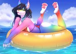 anthro beach big_breasts big_butt bikini bikini_bottom bikini_top black_hair blue_eyes breasts butt clothed clothing fangs female fur hair hair_over_eyes looking_at_viewer narrowed_eyes open_mouth pawpads paws pink_nose sea sky smile solo swim_ring swimwear tail teeth two-piece_swimsuit water wave white_body white_fur conditional_dnp fufik[pufik] felid feline felis hybrid lynx mammal hi_res