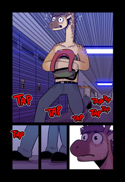 anthro arms_in_front belt black_clothing black_footwear black_shoes blush bodily_fluids bottomwear brown_hair clothed clothing corridor footwear hair holding_clothing holding_object inside locker male nervous onomatopoeia pants running solo sound_effects sweat tail text topless topless_anthro topless_male t0l0k andrew_(t0l0k) giraffe giraffid mammal comic english_text hi_res
