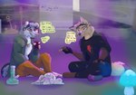 anthro bong dirty_talk domestic_pet drug_paraphernalia drugs group hanging_out male marijuana musical_note musical_symbol smoking smoking_marijuana symbol text possumgod ryder_the_pirate_(possumgod) starkthefox american_opossum canid canine fox mammal marsupial english_text hi_res