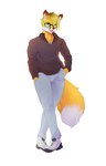 anthro black_clothing black_shirt black_topwear bottomwear clothing denim denim_bottomwear denim_clothing dipstick_tail eyewear footwear fur glasses green_hair hair hand_in_pocket jeans looking_at_viewer male markings open_mouth pants pockets shirt shoes simple_background smile sneakers solo tail tail_markings topwear white_background yellow_body yellow_fur corablue canid canine fox mammal 2022 absurd_res digital_media_(artwork) hi_res