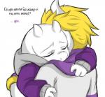 alternate_universe anthro blonde_hair clothed clothing duo female fur hair hoodie horn hug male simple_background text topwear white_background white_body white_fur friisans altertale undertale undertale_(series) asgore_(altertale) asgore_dreemurr toriel toriel_(altertale) boss_monster_(undertale) bovid caprine mammal english_text hi_res