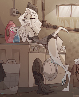 anthro appliance bedroom_eyes black_clothing black_lingerie black_panties black_underwear claws cleaning_supplies clothing detailed_background dryer exposure_variation female fur grey_body grey_fur hair laundry_machine light light_beam lingerie long_hair looking_at_viewer narrowed_eyes panties paws pipe seductive solo sunbeam sunlight teasing teasing_viewer underwear washing_machine window luckyonn naomi_(luckyonn) canid canine canis domestic_dog mammal hi_res