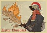 anthro blonde_hair branch burning christmas_clothing christmas_headwear clothing grey_clothing grey_sweater grey_topwear hair hat headgear headwear hidden_eyes holding_branch holding_object holidays male merry_christmas santa_hat scarf smile solo sweater tail topwear mawkvlt christmas orthodox_christianity mawklvt_wolverine gulonine mammal mustelid musteline wolverine