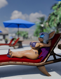 anthro beach_chair big_breasts bikini breasts chair clothing ear_piercing eyes_closed eyewear female furniture hands_behind_back on_chair piercing sitting sitting_on_chair sleeping solo sunglasses swimwear thick_thighs two-piece_swimsuit wide_hips inklovingggg nottanj_(modeler) sega sonic_the_hedgehog_(series) rouge_the_bat bat mammal 3d_(artwork) digital_media_(artwork) hi_res