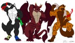 abs anthro black_body black_fur brown_body brown_fur cheek_tuft claws closed_smile crotch_tuft facial_tuft fangs feathered_wings feathers featureless_crotch flexing_muscles front_view fur group horn looking_at_viewer male mouth_closed muscular muscular_anthro muscular_male neck_tuft nude open_mouth pecs red_eyes simple_background smile spotted_arms spotted_legs standing teeth tongue tongue_out trio tuft white_body white_fur wing_claws wings crazydrak mauem canid canine hyena mammal 2019 dated signature