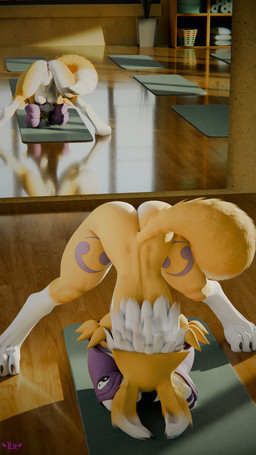 anthro breasts faceless_character faceless_female female fur medium_breasts naked_yoga solo tail yellow_body yellow_fur yoga yoga_mat lir bandai_namco digimon digimon_(species) renamon 9:16 absurd_res hi_res