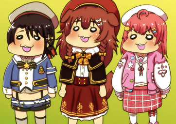 :3 accessory ahoge anime_style asian_clothing belt black_hair blue_clothing blue_shirt blue_topwear bomber_jacket bottomwear bow_tie braided_hair brown_hair checkered checkered_clothing chibi clothed clothing collared_shirt costume dazed dress_shirt east_asian_clothing female floppy_ears fluffy fluffy_tail folded_ears footwear fully_clothed gradient_background green_background group group_portrait hair hair_accessory hairpin hat headgear headwear jacket japanese_clothing japanese_school_uniform looking_up medium_length_hair navel pattern_clothing pink_clothing pink_footwear pink_hair pink_shoes poncho red_bottomwear red_clothing red_skirt school_uniform serafuku shirt shoes short_hair simple_background skirt socks star_pin suspenders tail teeth topwear trio uniform white_belt white_clothing white_shirt white_topwear ryusei_seiri hololive vtuber inugami_korone oozora_subaru sakura_miko canid canine human humanoid mammal 2025 absurd_res digital_media_(artwork) hi_res shaded