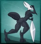 2_horns 4_fingers arthropod_abdomen blue_eyes blue_nipples breasts butt feet female fingers hand_on_head holding_melee_weapon holding_object holding_sword holding_weapon horn melee_weapon nail_(weapon) nipples non-mammal_breasts nude pose shadow silk solo standing sword weapon kurtassclear hollow_knight team_cherry hornet_(hollow_knight) arthropod 2023 digital_media_(artwork) hi_res pinup