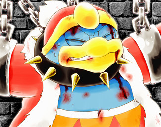 anthro bdsm beak blood blue_body blue_feathers bodily_fluids bondage bound chained_to_wall clothed clothing collar cuff_(restraint) detailed_background eyes_closed feathers hat headgear headwear male mature_anthro mature_male overweight overweight_anthro overweight_male restraints robe shackles solo spiked_collar spikes teeth torn_clothing yellow_beak chasoba11 kirby:_right_back_at_ya! kirby_(series) nintendo king_dedede avian bird penguin japanese_description