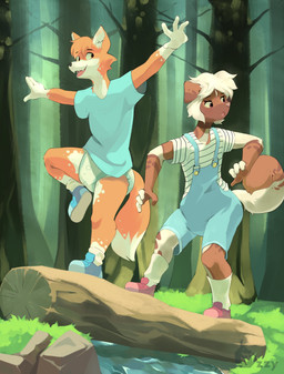 4_fingers :o anthro black_nose clean_diaper clothed clothing diaper diaper_under_clothing duo female fingers footwear forest fur grass hair log looking_away male male/female on_one_leg open_mouth orange_body orange_fur orange_hair orange_tail outside pink_nose plant print_diaper purple_eyes river rock rounded_star_polygon shirt shoes showing_teeth socks standing star star_polygon star_print starry_diaper tail topwear tree water wearing_diaper white_hair wood yellow_eyes ozzybear african_wild_dog canid canine fox hyena mammal 2020 hi_res watermark