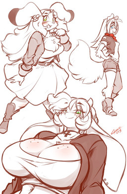 anthro belt big_breasts big_ears blue_eyes blush boots bottomwear breasts chest_tuft cleavage clothed clothing cowboy_boots cross dress ear_piercing eyebrows eyelashes female fluffy fluffy_tail footwear freckles fur green_eyes hair hand_on_hip horn huge_breasts jacket long_hair looking_at_viewer midriff navel piercing scarf shirt shoes shorts simple_background smile solo tail topwear tuft white_background chalo las_lindas mora_linda sunny_cooper taffy_(las_lindas) bird_dog bovid bovine canid canine canis cattle domestic_dog golden_retriever hunting_dog lagomorph leporid mammal rabbit retriever monochrome multiple_images signature