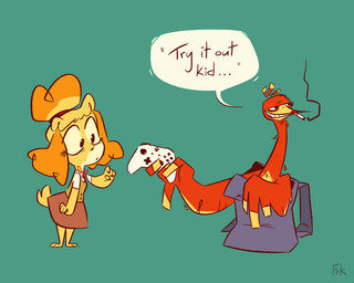 ambiguous_gender anthro barefoot bottomwear cigarette clothed clothed_female clothing duo feathers feet female fur green_background red_body red_feathers simple_background skirt smoking text toes yellow_body yellow_fur fluttershythekind animal_crossing banjo-kazooie nintendo rareware isabelle_(animal_crossing) kazooie avian bird breegull canid canine canis domestic_dog mammal shih_tzu toy_dog 2019 crossover digital_media_(artwork) english_text hi_res