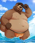 anthro belly big_belly brown_body bulge clothing cloud hat headgear headwear kemono male moobs nipples outside overweight overweight_male solo swimwear water raipon vtuber canid canine mammal raccoon_dog tanuki 2024 absurd_res hi_res