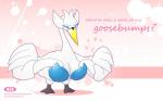 big_breasts breasts busty_feral cleavage clothed clothing copyright_symbol female feral humor non-mammal_breasts pun solo symbol text donotdelete nintendo pokemon avian bird generation_5_pokemon pokemon_(species) swanna 16:10 english_text widescreen