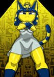 anthro blue_hair bob_cut clothed clothing crossed_arms egyptian egyptian_clothing female frown fully_clothed fur hair looking_at_viewer looking_down solo standing yellow_body yellow_fur kinkybird animal_crossing ankha_zone nintendo ankha_(animal_crossing) domestic_cat felid feline felis mammal hi_res meme