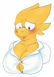 anthro big_breasts blush breasts button_(fastener) cleavage clothed clothing coat eyewear female glasses lab_coat looking_down non-mammal_breasts sharp_teeth solo straining_buttons teeth topwear spamjamz undertale undertale_(series) alphys reptile scalie bust_portrait hi_res portrait