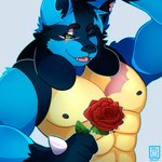 abs anthro bedroom_eyes big_pecs black_body black_fur blue_body blue_fur eye_scar facial_scar flower fluffy fur green_eyes holding_flower holding_object holding_rose looking_aside looking_at_viewer male muscular muscular_male narrowed_eyes nipples one_eye_closed open_mouth pecs plant raised_arm rose_(flower) scar seductive simple_background smile solo wink winking_at_viewer yellow_body yellow_fur hellcat_(artist) nintendo pokemon nagisalucario generation_4_pokemon lucario pokemon_(species) 1:1 absurd_res hi_res