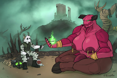 anthro big_breasts big_penis black_boots black_clothing black_footwear black_horn blue_eyes boots bottomwear breasts brown_body brown_fur candy cheek_tuft clothed clothing dessert duo facial_tuft food footwear fur genitals green_clothing green_eyes green_topwear green_vest gun gynomorph gynomorph_humanoid hair hecu_marine holding_object holding_stick horn intersex intersex_humanoid magic_user male male_anthro marshmallow mask mouth_closed neck_tuft nipple_piercing nipple_ring nipples nude outside pants penis piercing pink_body plant ranged_weapon ring_piercing shoes short_hair sitting stick topwear tree tuft vein veiny_penis vest weapon white_bottomwear white_clothing white_hair white_pants white_topwear jezzlen doom_(series) id_software microsoft avarice_(ruby76) pine_(ruby76) baron_of_hell canid canine demon humanoid mammal hi_res signature