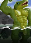 abs anthro balls blue_eyes bodily_fluids flexing flexing_bicep foreskin genitals glans humanoid_genitalia humanoid_penis male muscular muscular_male nipples nude outside partially_submerged pecs penis solo sweat teeth water wet ks_simp_(artist) crocodile crocodilian reptile scalie hi_res