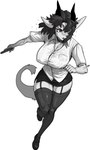 anthro big_breasts black_hair bodily_fluids bottomwear breasts clothing collar eyebrows eyelashes female footwear fur garter_straps gun hair handgun horn legwear pistol ranged_weapon running shirt shoes skirt solo stockings sweat sweatdrop topwear weapon pgm300 mythology chabett dragon furred_dragon furred_scalie mythological_creature mythological_scalie scalie wingless_dragon 2024 hi_res monochrome