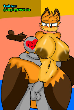 anthro armless balls big_breasts black_eyes blush breasts brown_nipples duo female floating_hands genitals grey_body male navel nipples orange_body penetration penis standing vaginal vaginal_penetration vulva jespleyemofeliz zooba nix_(zooba) canid canine fox human mammal hi_res