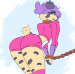 ambiguous_gender angry anthro bent_over blue_eyes bottomwear butt butt_focus chain clothing collar cropped_jacket femboy fur hair hotpants looking_back markings purple_hair rear_view shorts simple_background solo spots spotted_body spotted_fur yellow_body yellow_fur cremacat felid jaguar mammal pantherine digital_drawing_(artwork) digital_media_(artwork) flat_colors