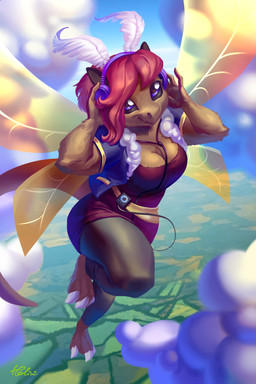 antennae_(anatomy) anthro barefoot black_sclera breasts cleavage clothed clothing cloud detailed_background electronics feet female flying headphones insect_wings ipod_shuffle jacket portable_music_player purple_eyes sky solo topwear wings holivi apple_inc. ipod arthropod equid equine horse insect lepidopteran mammal moth mothpony pony 2:3 hi_res signature