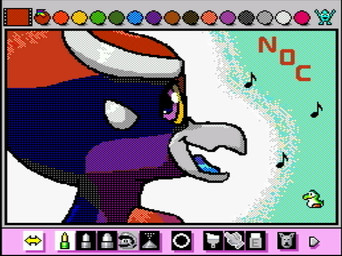 anthro beak blue_tongue green_background looking_at_viewer male musical_symbol purple_eyes simple_background smile smiling_at_viewer solo symbol text tongue yellow_sclera rodricoro mario_bros mario_paint nintendo noc_(psynoc) avian bird green_yoshi yoshi digital_media_(artwork) dithering headshot_portrait mario_paint_(artwork) portrait