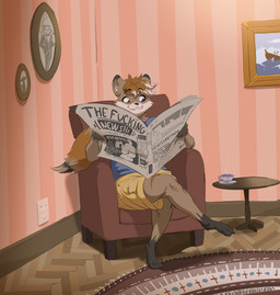 anthro big_breasts biped bottomwear breasts brown_body chair clothed clothing container crossed_legs cup detailed_background fur furniture inside male reading_newspaper sitting solo tea_cup text topwear dreamy_pride mammal absurd_res hi_res
