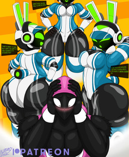 anthro big_butt blush breasts butt cleavage cleavage_overflow clothed clothing dialogue duo female huge_butt legwear leotard machine male screen screen_face shortstack shortstack_female text thick_thighs thigh_highs thoughts tight_clothing pizzaozzy project_turboblast ozzy_(pizzaozzy) tempo_(project_turboblast) avian bird corvid corvus_(genus) crow lagomorph leporid mammal oscine passerine rabbit robot 2025 digital_media_(artwork) english_text hi_res