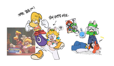 4_fingers anthro arms_bent bangs belly big_nose black_eyebrows black_eyes black_facial_hair black_mustache blonde_hair blue_clothing blue_ear_piercing blue_eyes blue_inner_ear blue_overalls bodily_fluids bottomless bottomless_anthro bottomless_female button_(fastener) clothed clothed_anthro clothed_female clothed_human clothed_humanoid clothed_male clothing confusion crown directional_arrow dot_eyes ear_piercing eyebrows facial_hair featureless_crotch featureless_legs feet female female_anthro fingers floating_ears floating_hands floating_head floating_torso foot_grab foot_on_butt footwear frown fur gem gloves green_clothing green_hat green_headwear group hair handwear hat headgear headwear hoodie larger_humanoid larger_male long_ears long_hair looking_down looking_down_at_another machine male male_anthro male_humanoid multicolored_body mustache noseless open_frown open_mouth open_smile overalls panicking pawpads piercing pink_clothing pink_shirt pink_tongue pink_topwear pockets purple_clothing purple_eyelids purple_hoodie purple_topwear red_clothing red_hat red_headwear red_shirt red_tongue red_topwear ruby_(gem) sapphire_(gem) screen screen_face shirt shirtless_anthro shirtless_male shoes sideways_hat simple_background simple_eyes size_difference smaller_anthro smaller_female smaller_male smile standing straight_arm stunned sweat sweatdrop tan_belly tan_body tan_eyelids tan_inner_ear tan_pawpads tan_skin tears text title tongue tongue_out topwear two_tone_body white_background white_body white_clothing white_fur white_gloves white_handwear white_skin worried_look yellow_clothing yellow_footwear yellow_shoes bam_ml mario_bros mario_plus_rabbids_kingdom_battle mario_plus_rabbids_sparks_of_hope nintendo raving_rabbids rayman_(series) ubisoft beep-0 luigi mario rabbid_mario rabbid_peach rabbid_rosalina rayman human humanoid lagomorph mammal rabbid raypeople_(rayman) robot 2023 colored crossover digital_drawing_(artwork) digital_media_(artwork) english_description hi_res korean_description korean_text redraw reference_image shaded translation_request brother_(lore) brothers_(lore) sibling_(lore) twins_(lore)