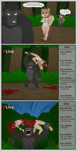 3_toes 4_fingers ahoge angry anthro arm_wraps band-aid bandage barefoot bisected blood blood_splatter bodily_fluids braces brain_damage breasts broken_arm bruised bruised_breast buckteeth butt butt_from_the_front camera casual_nudity chat clearing clothed clothed_male clothing collar covered_in_blood crushed_head curvy_figure death dialogue dying fangs feet female fight fingers fluffy fluffy_tail forest freckled_face freckles fuzzy_vulva genitals gore guts hair head_wound holding_another hourglass_figure impact_lines innie_vulva intestines killing livestream male male_dominating_female mangled motion_lines mutilated navel nipples nude nude_female nude_female_clothed_male one_sided organs pattern_clothing pattern_shirt pattern_topwear plant proud proud_expression recorded_death recording ripped_in_half ryona shirt size_difference sky smug soles striped_clothing striped_shirt striped_topwear stripes tail teeth text toes too_dumb_to_live topwear tree violence vulva wraps e254e 100_men_vs_gorilla instant_loss_2koma mistakes_were_made nerd_(e254e) riley_the_piper_(e254e) ape gorilla haplorhine mammal primate rodent sciurid tree_squirrel absurd_res english_text hi_res