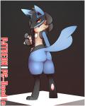 2019 4:5 anthro biped black_body black_fur blue_body blue_fur border butt canid female fur generation_4_pokemon looking_at_viewer looking_back lucario mammal nintendo pawpads pc-doodle pokemon pokemon_(species) red_eyes simple_background solo white_border wide_hips yellow_body yellow_fur