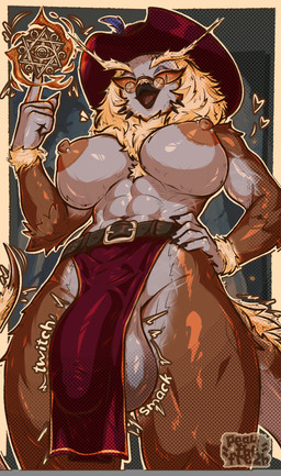 abs anthro balls beak belt big_balls big_breasts big_bulge big_penis blush body_blush bottomwear breasts brown_body brown_fur bulge claws clothing dominant dominant_intersex eyewear fur genitals glasses glistening glistening_abs glistening_breasts gynomorph hat headgear headwear heart_symbol ineffective_clothing ineffective_loincloth intersex loincloth long_tail low-angle_view magic magic_spell magic_user muscular muscular_gynomorph muscular_intersex musketeer neck_tuft nipple_piercing nipples penis piercing red_bottomwear red_clothing red_loincloth solo standing tail tail_tuft tuft pea4thefre2h vesper_draco avian hybrid absurd_res hi_res