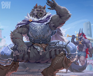2_horns abs anthro armor armor_plates biceps fur horn male melee_weapon muscular muscular_anthro muscular_male pawpads pecs purple_eyes scar scars_all_over sword tail weapon physen bushiroad elden_ring fromsoftware future_card_buddyfight mythology blaidd_(elden_ring) demon_lord_dragon_batzz canid canine canis dragon mammal mythological_creature mythological_scalie scalie wolf absurd_res hi_res