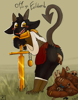 after_vore anthro black_body black_fur blush bone clothed clothing dialogue disposal feces fur grass horn male melee_weapon nature number open_mouth outside partially_clothed plant pointed_tail pooping scat_disposal skull smile solo sword tail teeth text vore weapon year yellow_eyes scottglass bovid caprine demon goat mammal 2023 hi_res