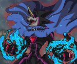 anthro black_body black_sclera blue_fire cape claws clothing colored_fire evil_face fire glowing glowing_eyes horn male solo teeth eth zssjblue bandai_namco digimon digimon_ghost_game digimon_(species) gulusgammamon scalie hi_res