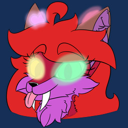 ahoge eyelashes fangs fur glowing glowing_eyes glowing_markings green_eyes hair heart_(marking) inner_ear_fluff looking_at_viewer markings purple_body purple_fur purple_inner_ear_fluff red_body red_ears red_fur red_hair sabertooth_(anatomy) teeth tongue tongue_out tuft yellow_eyes robynsnowyfoxxo robyn_(robynsnowyfoxxo) canid canine felid fox hybrid mammal prehistoric_species saber-toothed_tiger 1:1 2021 headshot_portrait hi_res portrait demigirl_(lore) nonbinary_(lore) trans_(lore) trans_woman_(lore)